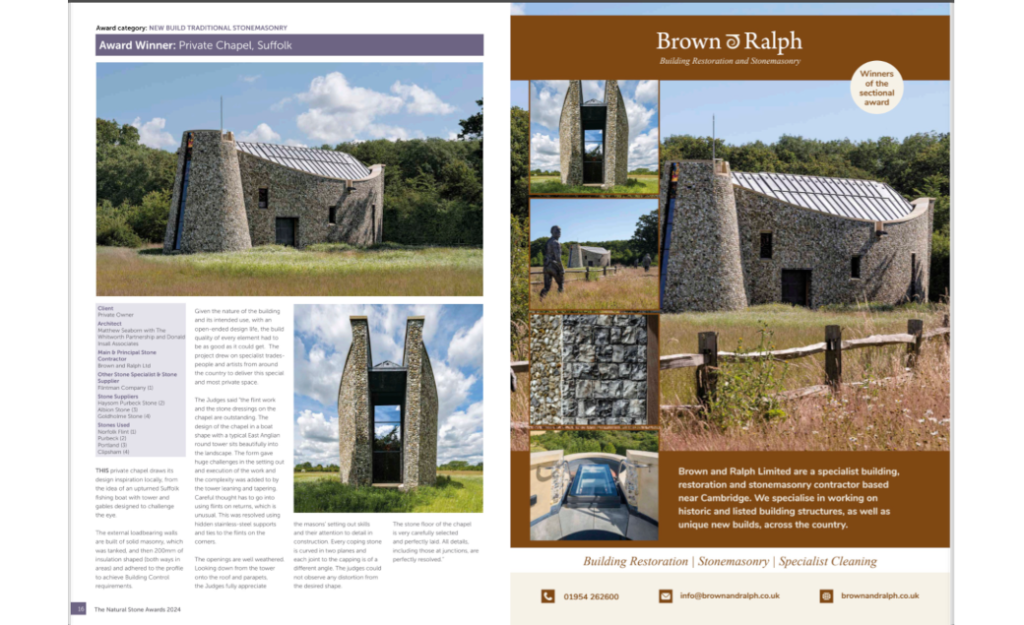Natural Stone Award brochure with Brown and Ralph's award winning project in the category of New Build Traditional Stonemasonry.