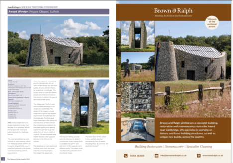 Natural Stone Award brochure with Brown and Ralph's award winning project in the category of New Build Traditional Stonemasonry.