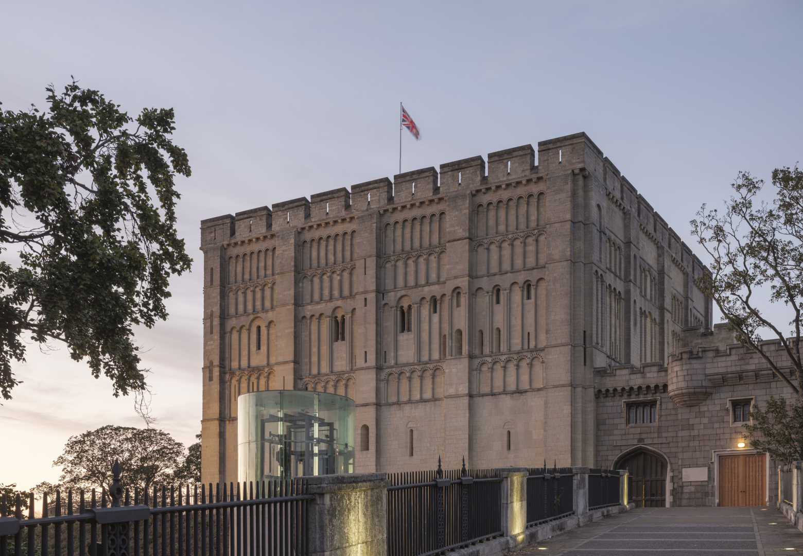 A view of the refurbished Norwich Castle, at dusk
